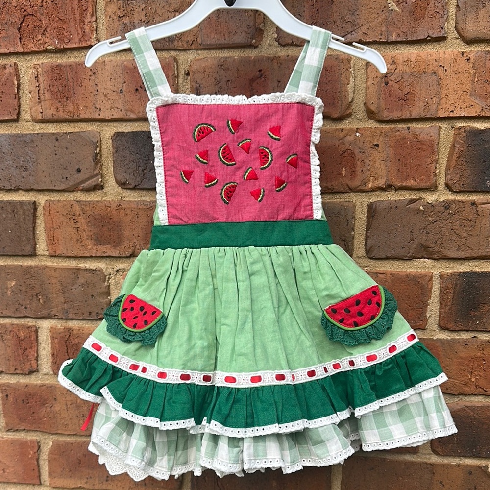 NWT Mia Mike Linen Watermelon Themed Green & Red Heirloom Dress  Set size 3